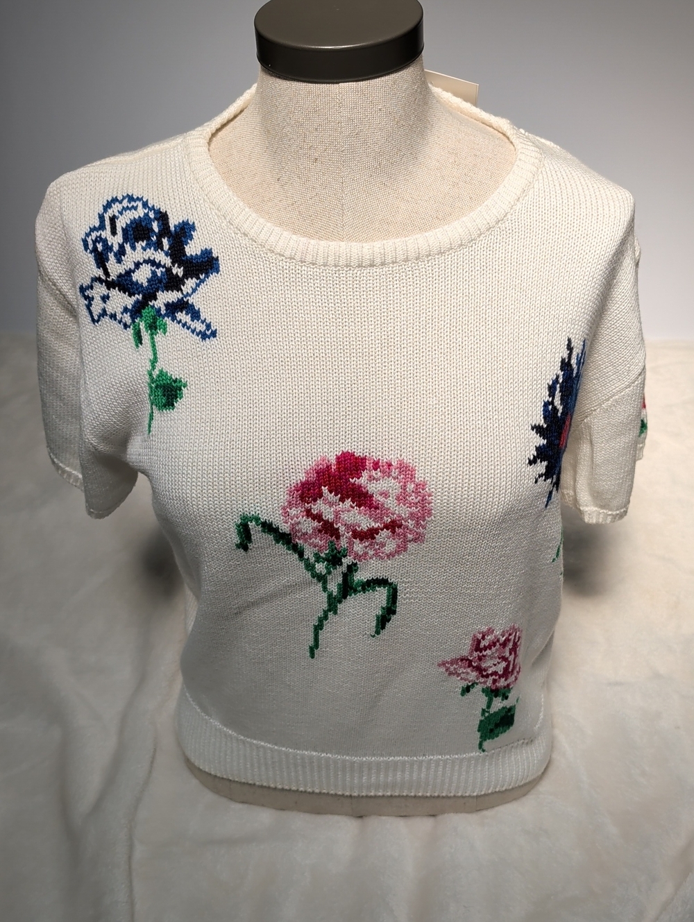 JH Collectibles White Floral Knit Sweater with Pink & Blue Flowers